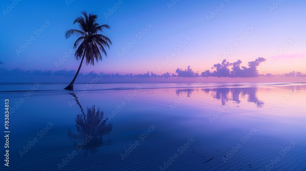 a peaceful beach with a palm tree on a tropical island, the sky transitioning from blue to soft lavender and pink hues, reflecting on the calm sea. The palm tree stands elegantly, Generative AI