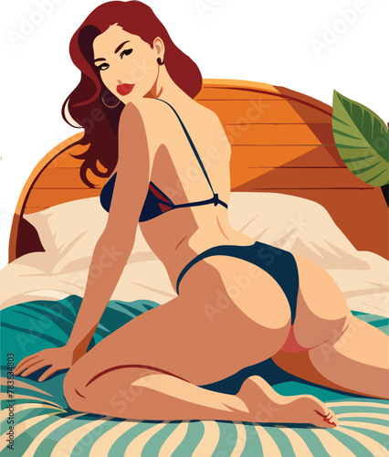 Woman in a bikini is lying on a bed