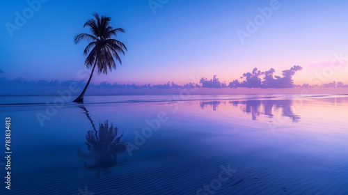 a peaceful beach with a palm tree on a tropical island  the sky transitioning from blue to soft lavender and pink hues  reflecting on the calm sea. The palm tree stands elegantly  Generative AI