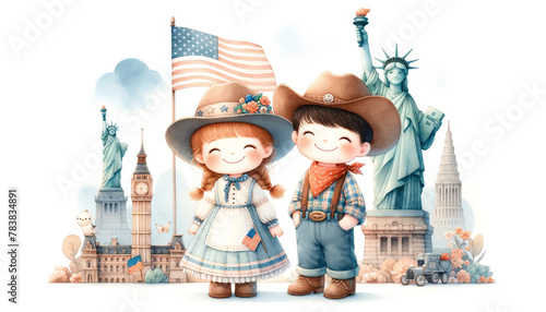 Girl and boy in traditional American, Joyful illustration of children dressed in American Western attire with the Statue of Liberty and US flag in the background.
 photo