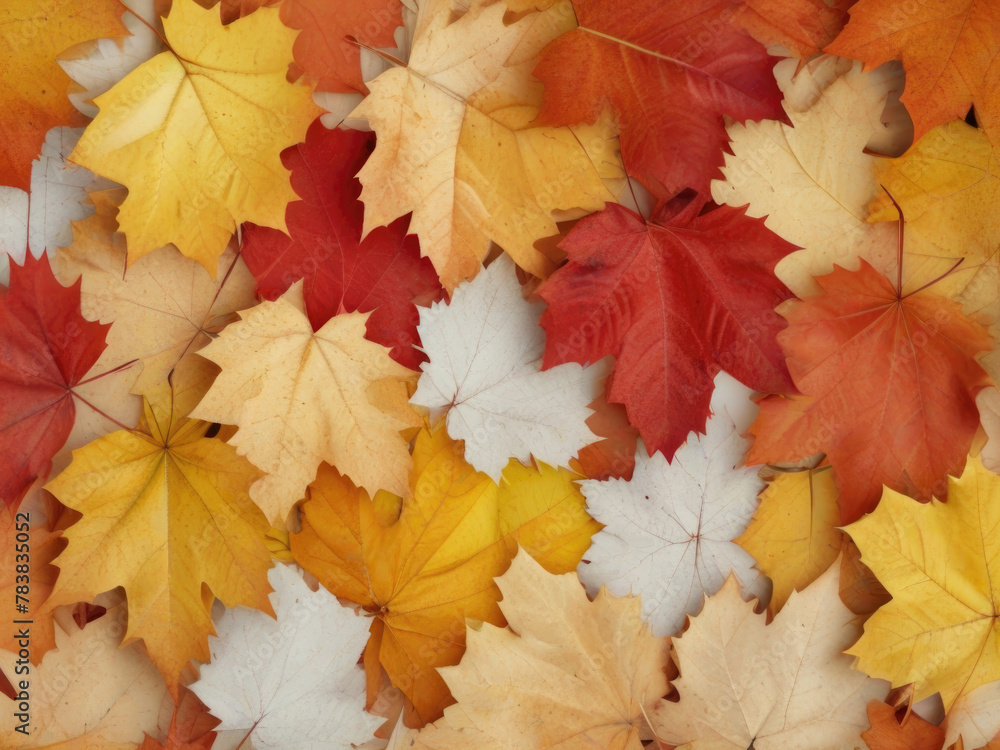 Fototapeta premium Top View Autumn Background of Red and Yellow Maple Leaves, Aerial Perspective of Vibrant Fall Foliage. Natural Carpet of Colorful Leaves, Perfect for Seasonal Themes and Nature Concepts
