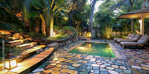 Swimming pool in a tropical garden at night. Landscape design, Luxury swimming pool in a tropical garden at night time.