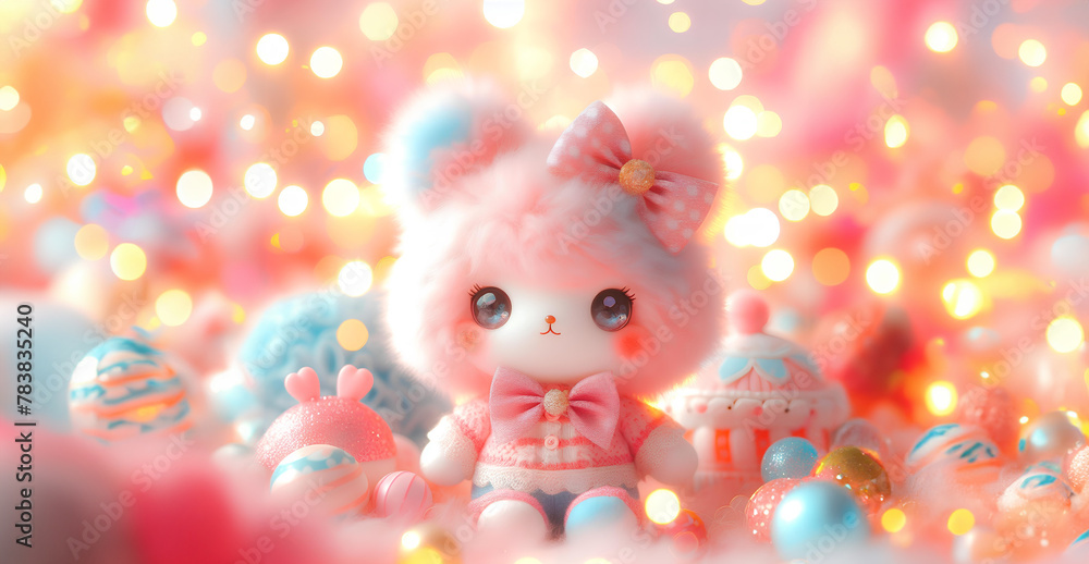 Lovely fluffy cute doll with copy space pastel color, baby doll Lovely fluffy cute doll with copy space pastel color, baby doll