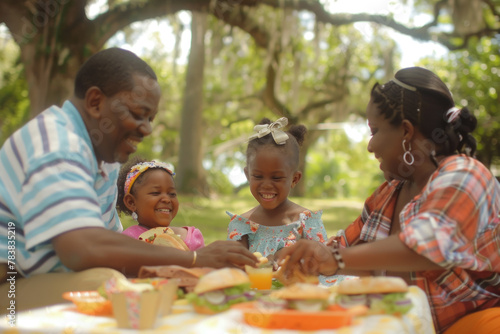 Happy Family Picnicking in the Park with Healthy Food © KirKam