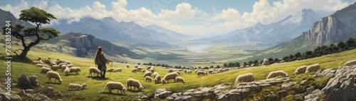 A painting of a shepherd with his sheep in a lush green valley with mountains in the distance. photo