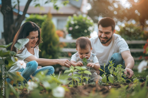 Young Family Gardening Together and Teaching Baby Nature