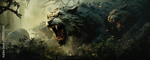 A pride of direpanthers stalks through the jungle, their fur bristling and their eyes glowing with a fierce intensity.