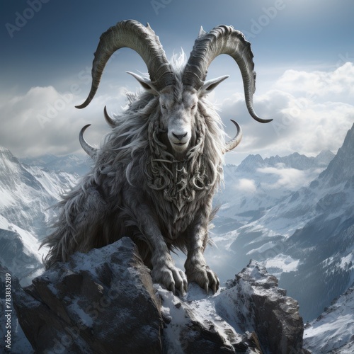 A white ram with long horns is standing on a rock in the middle of a snowy mountain range.