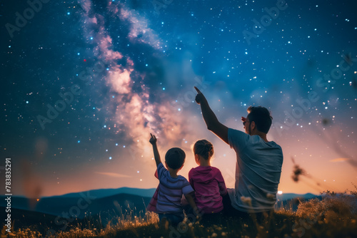 Father Showing Starry Sky to Children During Nighttime Adventure