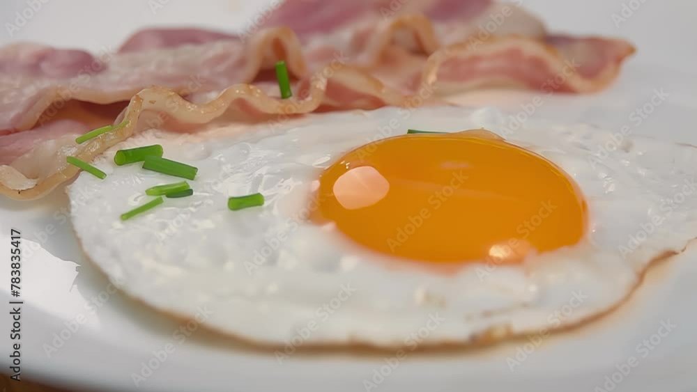 Finely chopped greens fall on scrambled eggs slow motion. High quality 4k footage Finely chopped greens fall on scrambled eggs slow motion. High quality 4k footage