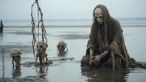 A horrifying sea witch sits in the shallows surrounded by skulls.