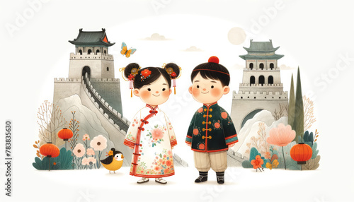 Girl and boy in traditional Chinese, Whimsical illustration of children in Chinese traditional costumes with the Great Wall of China and nature elements.
 photo