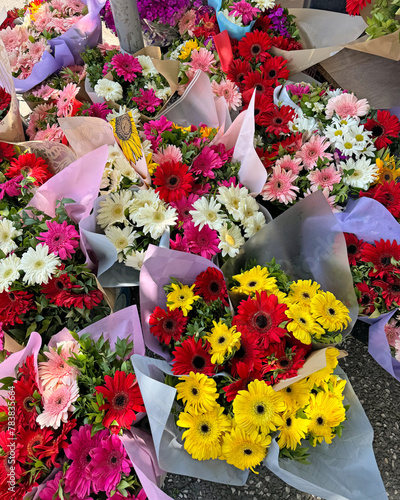 Bunches of colorful gerber daisies for sale on a street corner in Izmir, Turkey