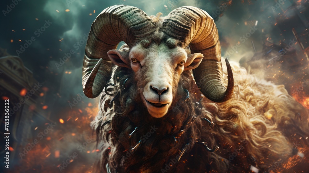 A ram with large horns stands in front of a fiery background.