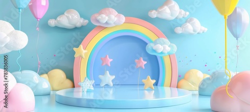 Rainbow with clouds on the podium 3d render. Illustration of a holiday  weather  children s mock-up
