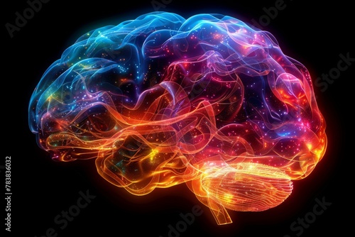 Illustration of a neon brain with neural connections, artificial intelligence with electrical impulses, ChatGPT, cyberpunk, data center, brainstorm © Gizmo