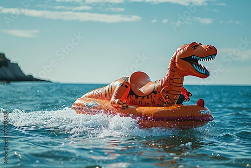 Photo of an inflatable dinosaur riding a jet ski and riding waves in the sea On a day with clear skies, thin clouds, soft sunlight, a clear, realistic picture at the HD level Nature landscape