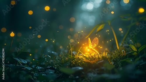 A magical night in the forest with a single firefly casting a warm glow among the green foliage and floating sparks of light.