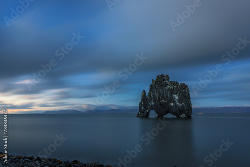 Abstract art long exposure travel photograph in the blue hour, Hvitserkur, Western Iceland, beautiful landmark in Atlantic Ocean