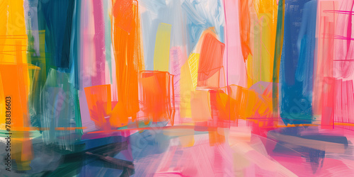 Urban Dreamscape: Colorful Abstract Cityscape with Reflective Watercolor Techniques for Modern Art and Decor
