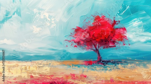 Abstract summer landscape red acacia tree oil painting banner