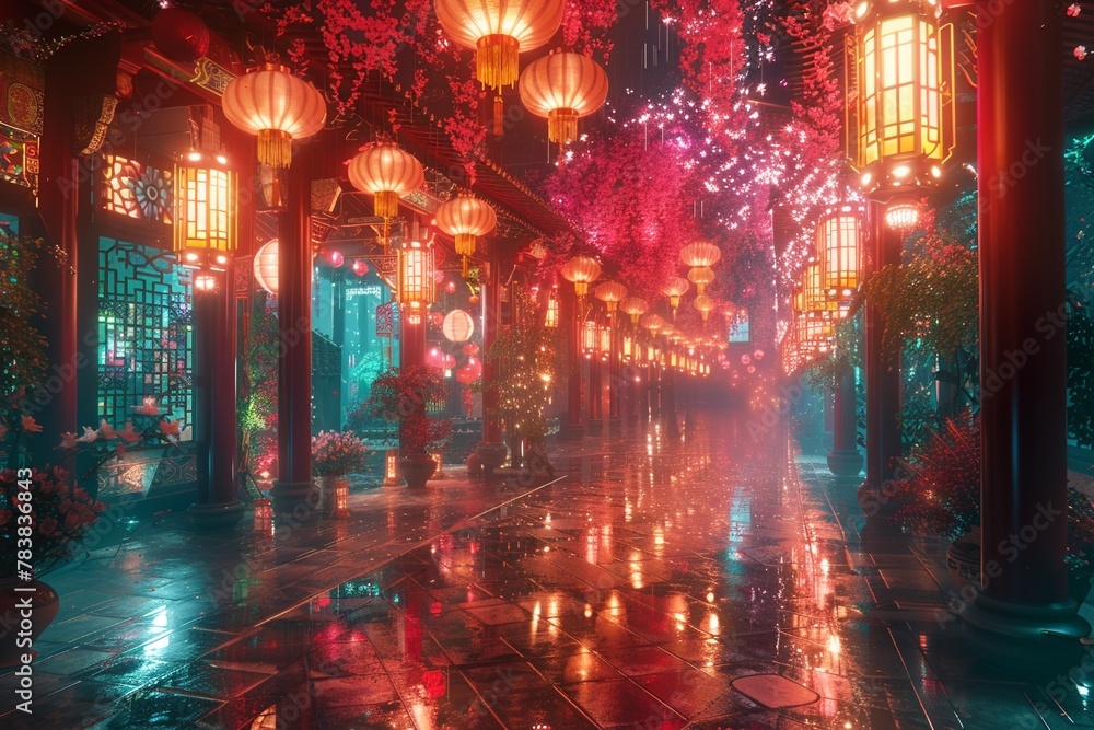 Obraz premium Colorful and magical places 8k rendering Custom lighting Volumetric, lightning, ultra sharp ultra art deco style,