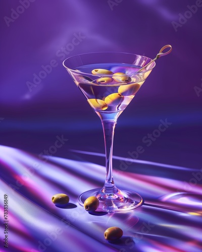A Classic Martini in a Sleek Glass, Garnished With Olives on a Skewer, Set Against a Vivid Neon Purple Backdrop