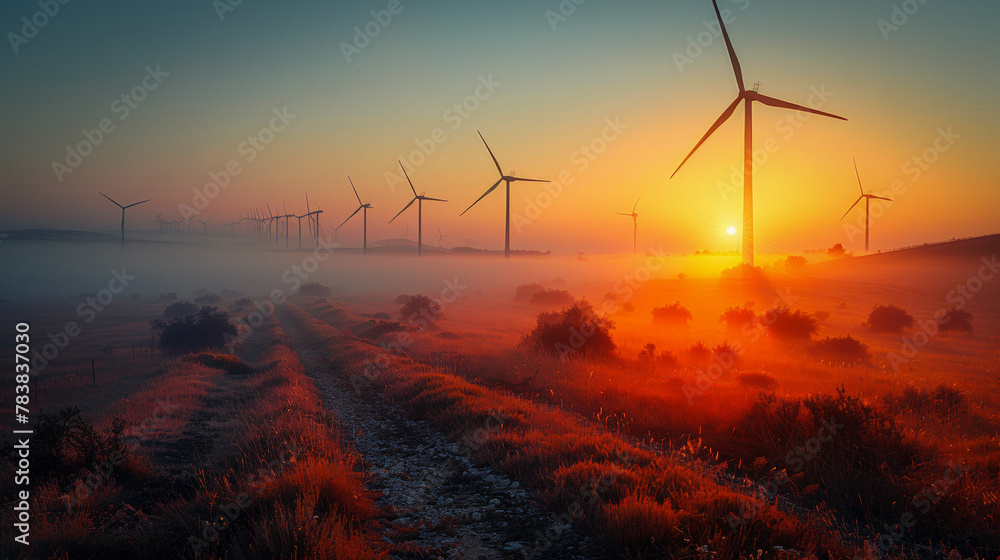 Green energies: wind turbines in the sunset