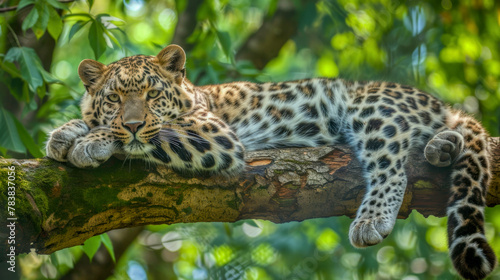 White amur leopard on tree branch