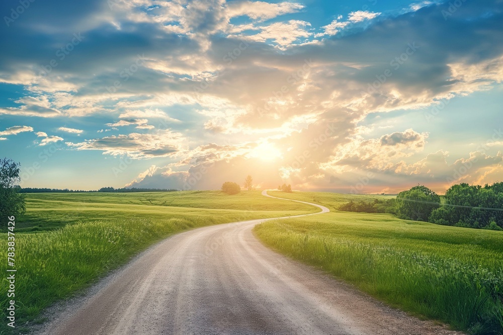 Scenic Summer Landscape with Winding Road under Sky Scenic Summer Landscape with Winding Road under Sky