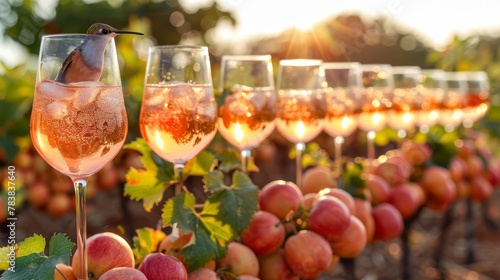   A row of wine glasses aligns atop a vine-covered vineyard, brimming with red and white wines photo