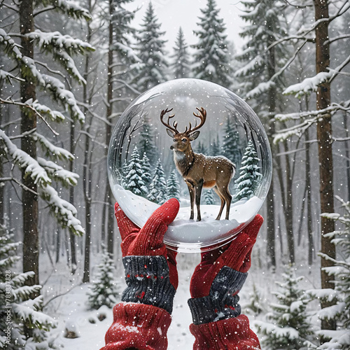 A pair of hands wearing red knit gloves holds a transparent snow globe with a stately buck deer inside, set against a wintry forest backdrop
