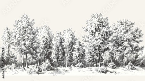 A hand-drawn sketch of a forest selvage, depicting a variety of generic trees and vegetation © Chingiz