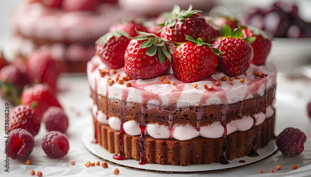 Strawberry cake with cream and frosting on white background. Tasty creamy pink and white cake with decoration and layers. Creamy cake dessert Strawberry cake with cream and frosting on white background. Tasty creamy pink and white cake with decoration and layers. Creamy cake dessert