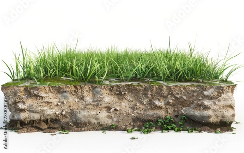 round soil ground cross section with earth land and green grass, realistic circle cutaway terrain floor with rock isolated