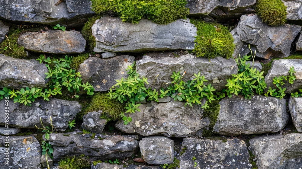 A natural scene of moss and various small vegetation thriving in the crevices between compact rocks