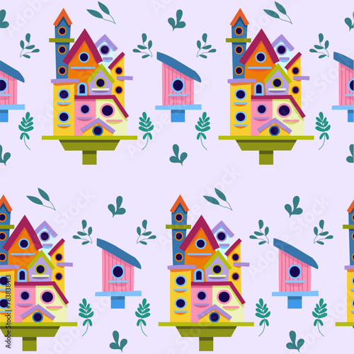 seamless pattern of various wooden birdhouses and multi-storey birdhouse, hand-painted to decorate children's spring holidays, decor and design of gift packaging and postcards