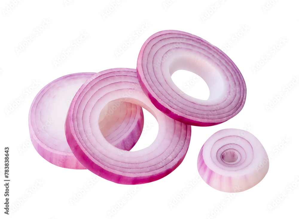 Top view set of red or purple onion rings or slices in stack isolated on white background with clipping path Top view set of red or purple onion rings or slices in stack isolated on white background with clipping path