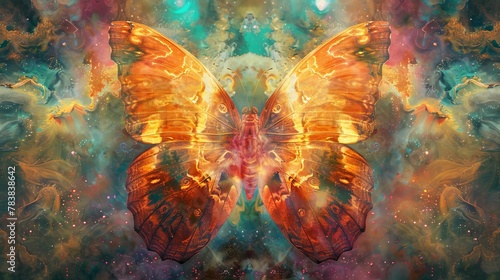 A golden butterfly emerges from a swirling mix of nebula clouds, symbolizing spiritual transformation and the beauty of metamorphosis in this digital art creation