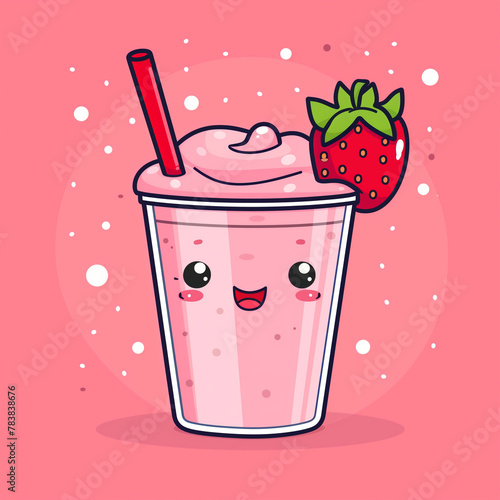 A minimalist vector illustration features a delightful strawberry smoothie with a playful kawaii face  topped with a plump strawberry and a red straw  set against a soft pink polka-dotted background. 