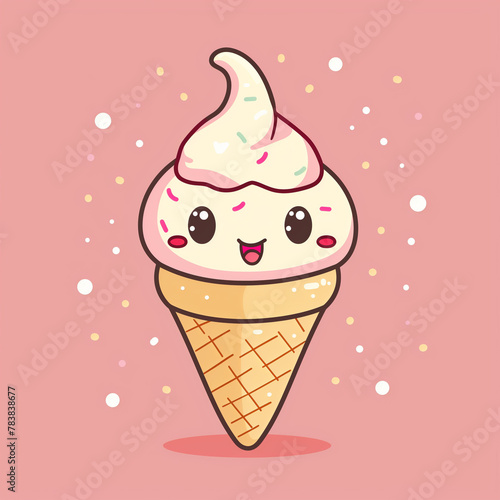 A cheerful vector illustration of a cute ice cream cone with a kawaii face and sprinkles, set against a soft pink background with festive confetti accents.
