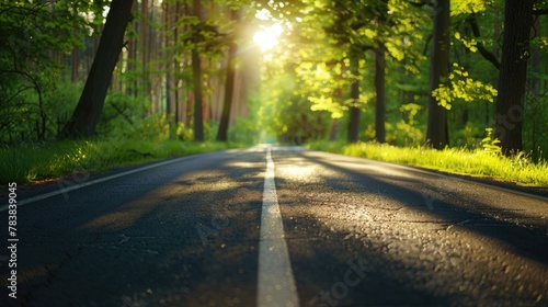 Road Forest, Road in the forest, A highway road passes through a forest, blurred lens flare light, sunlight morning, sun rising, 