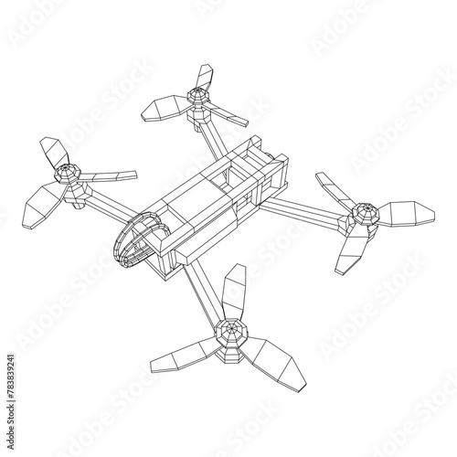 FPV Drone Racing freestyle sport flight. Hobby toys. Wireframe low poly mesh vector illustration.