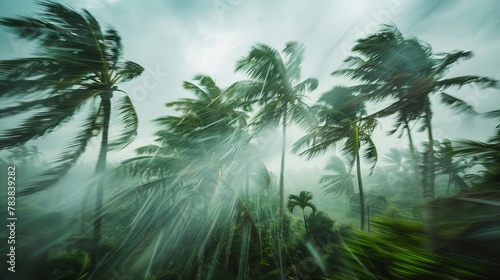 A dynamic image capturing the powerful effect of wind and rain on palm trees