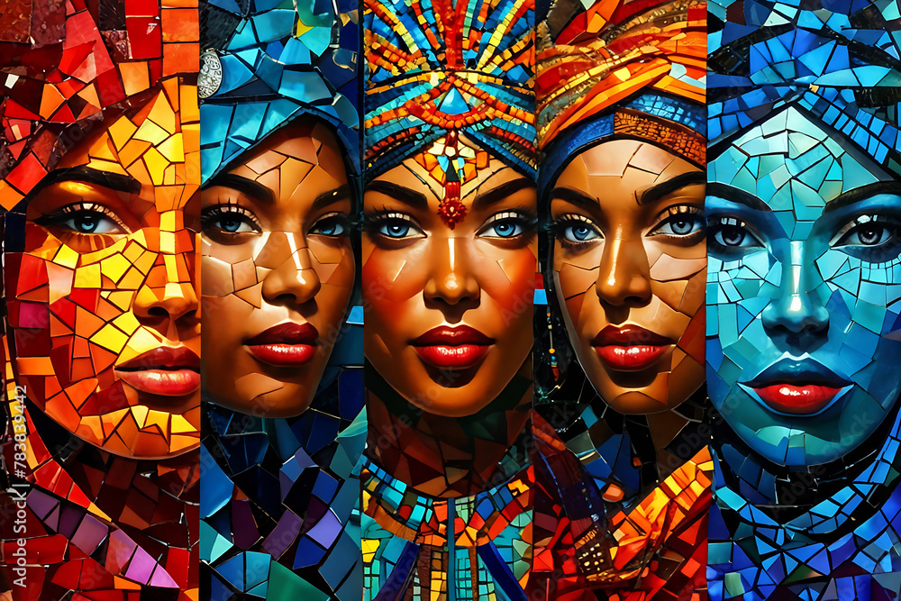 Multicultural Mosaic Portrait: Vibrant Depiction of Ethnic Women's Diversity
Multicultural Mosaic Portrait: Vibrant Depiction of Ethnic Women's Diversity