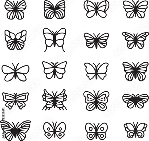 Fototapeta Naklejka Na Ścianę i Meble -  Set of Thin line icons Butterflies on white background