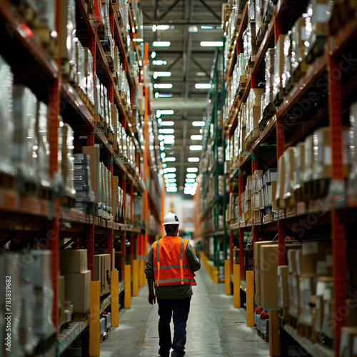 Warehouse Employee Walking Through Aisle Between Tall Shelves of Products © KirKam