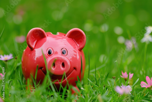 Red Piggy Bank in Lush Green Grass Under Sunlight, Concept of Financial Growth