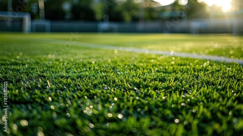 A realistic illustration of a football or soccer field, featuring a well-maintained green grass effect