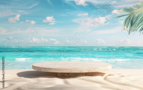 Summer tropical background  Podium on sand beach on sea background  Mock up for the exhibitions  Presentation of products  3d render 